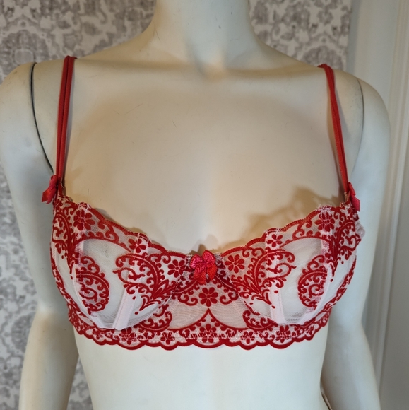 Victoria's Secret Sheer Red velvet and boned Balconette Bra 34B - Picture 1 of 8